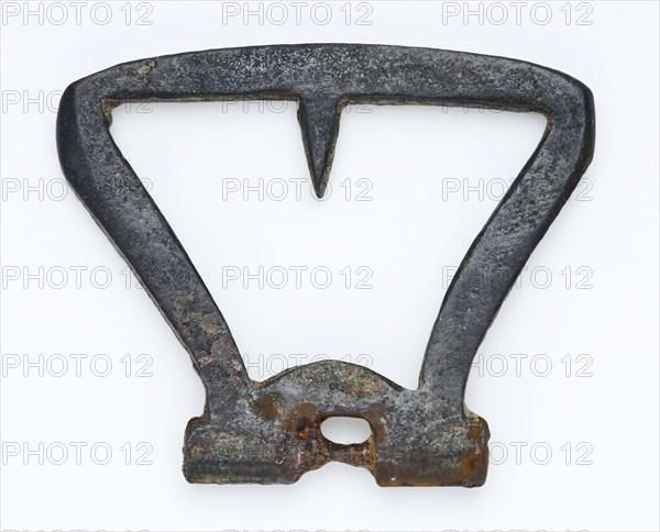 Bounce of buckle, buckle fastener component soil find copper metal, archeology