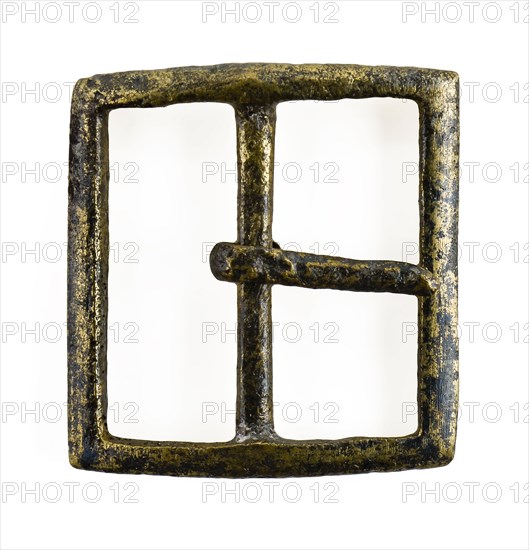 Buckle with square brace, middle post and angel, buckle fastener component soil find copper metal, archeology