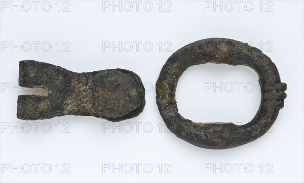 Buckle with oval ring and loose fittings with riveted nail, clasp fastener component soil find copper metal, pushed together