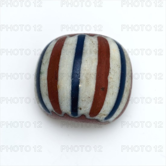 Round glass bead, red-brown decorated with white and blue stripes, bead bead necklace jewelery clothing accessory clothing soil
