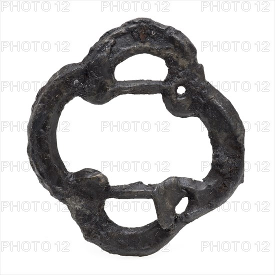 Four-sided buckle with two posts, ornamental buckle or batter, buckle fastener component soil find tin metal, cast archeology