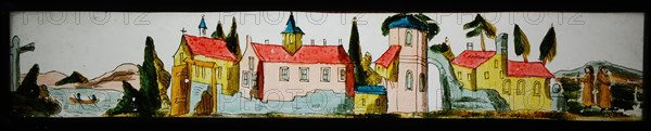 Hand-painted lantern plate in tin mount, image of monastery complex, slide plate slideshope images glass paper tin, Hand-painted