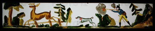 Hand-painted lantern plate in tin mount, image of hunting scene with deer, slide plate slideshope images glass paper tin, Hand