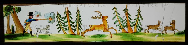 Hand-painted lantern plate with hunting scene, slideshelf slideshare images glass paper, Hand-painted rectangular magic lantern