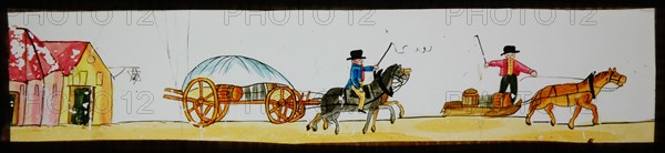 Hand-painted lantern plate with transport sledge and horse and carriage, slideshelf slideshare images glass paper, Hand-painted