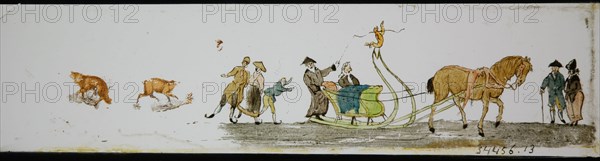 Hand-painted lantern plate with horse sleigh and skating people, slideshelf slideshare images glass paper, Hand-painted slides