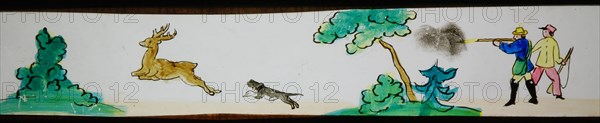 Hand-painted lantern plate with hunting scene, slide plate slideshope images glass paper, Hand-painted slides on the edges