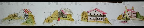 Hand-painted lantern plate with four buildings, slide slide slideshope images glass paper, Hand-painted slides on the edges