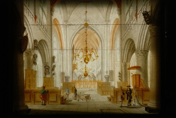 Perspective box of black lacquered wood with three painted glass plates: church interior with open grave, perspective case glass