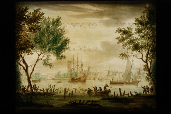 Perspective box of black lacquered wood with three painted glass plates: view of Dordrecht, perspective box glass plate glass