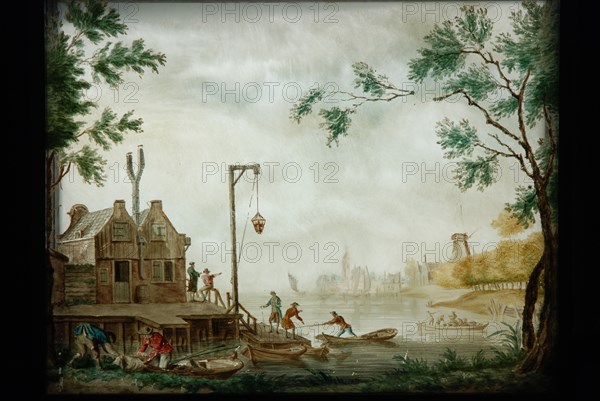 Perspective box of black lacquered wood with three painted glass plates: river view with spring house, perspective case glass