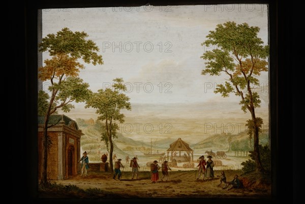 Perspective cupplate with two painted glass plates, hilly landscape with walkers and transport activities, perspective cabinet