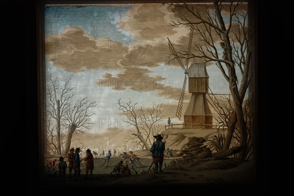 Perspective box with three painted glass plates, ice face with skaters, windmill and city, perspective case glass plate glass