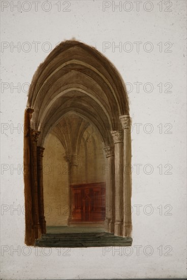 Perspective cupplate with two painted glass plates, church interior, perspective case glass plate glass paint wood, handpainted