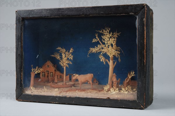 Bavelaar, small viewing box with rural scene: talking man and woman, cow and pollard willows, diorama footage wood paint glass