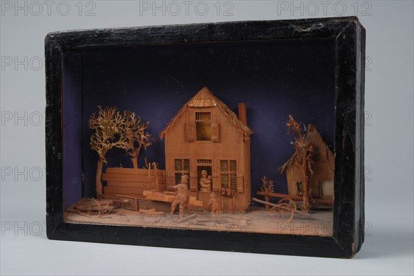 Bavelaar, small viewing box with scene of house with carpenter's workshop, diorama footage wood paint glass paper cardboard