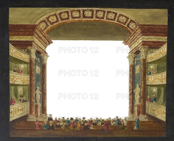 Painted glass plate for perspective box, theater with audience, glass plate perspective box glass paint, hand-painted