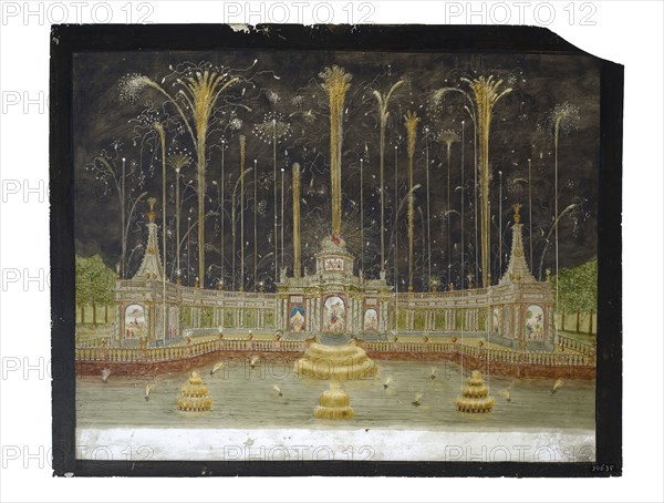 Painted glass for perspective box, garden pavilion with fountains and fireworks, glass plate perspective box glass paint