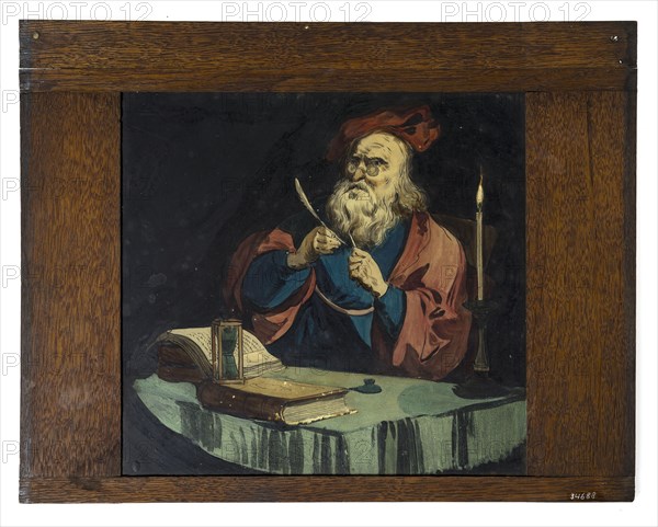 Hand-painted glass shelf in wooden frame for illumination cabinet, picture of scholar with pen-feather, books and hourglass