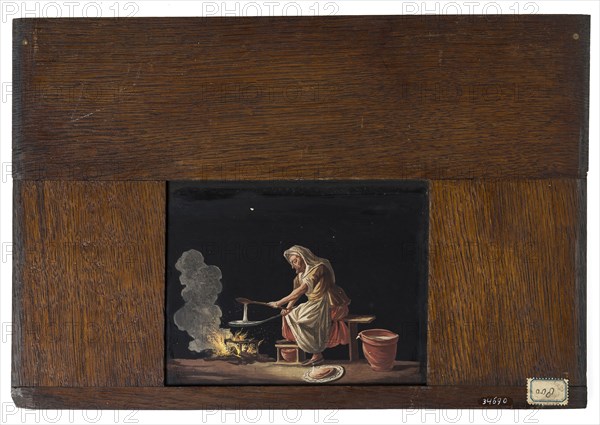 Hand-painted glass plate in wooden frame for illumination cabinet, image of pancakes baking old woman, slideshelf slideshoot