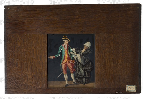 Hand-painted glass plate in wooden frame for illumination cabinet, image man with epee and woman in black dress, slideshelf