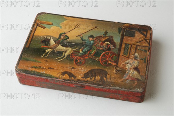 Iron tobacco box, painted with rickety carriage and inn, tobacco box holder iron base metal metal lacquer, Tobacco box Elongated
