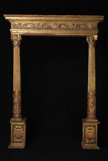 Wooden gate, consisting of basements, pilasters and cornice, decorated with gilded carving, gate building component spruce wood