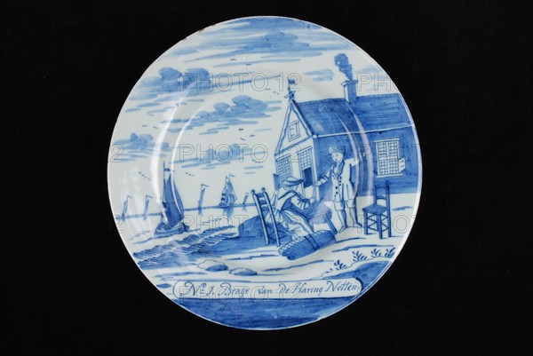 Manufacturer: De Porceleyne Bijl, Series of twelve plates with blue herring industry scenes: No 1. Braije van de Haring Netten