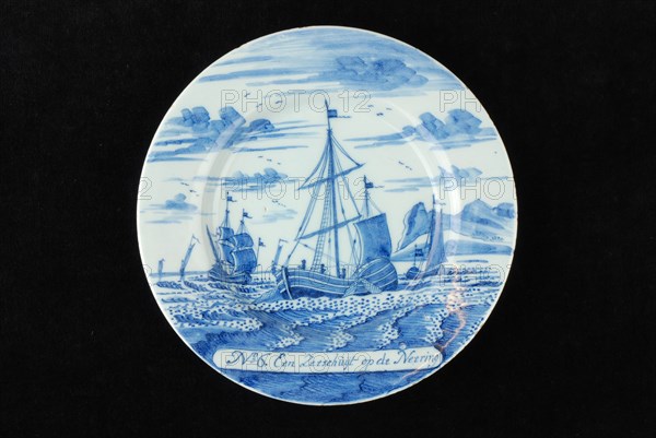 Manufacturer: De Porceleyne Bijl, Series of twelve plates with blue herring industry scenes: No 6. Zeeschuijt on the Neering