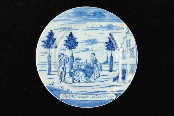 Manufacturer: De Porceleyne Bijl, Series of twelve plates with blue herring industry scenes: No. 8. The sale of the Herring