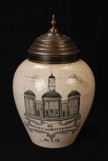 Manufacturer: De Porceleyne Fles, Cream-colored tobacco spot with THE FAIR OF ROTTERDAM, tobacco pot holder ceramic earthenware