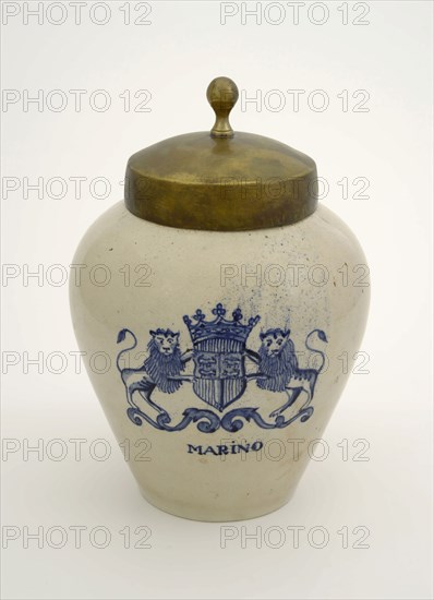 Earthenware tobacco pot with lid, coat of arms of Rotterdam and MARINO, tobacco pot pot holder ceramic pottery enamel metal