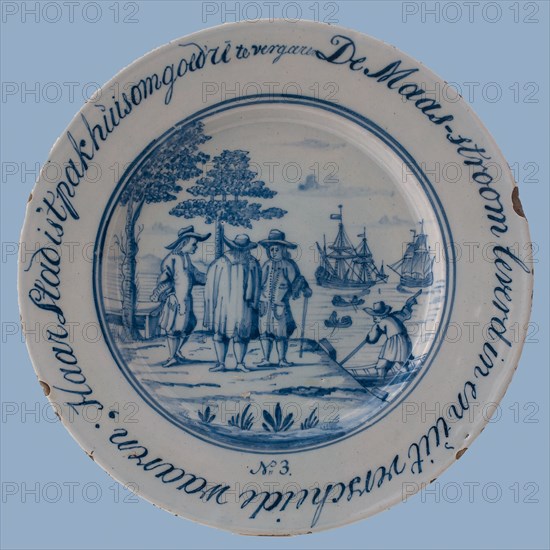 Jacob Schut, Delft blue plate with De Maas stream delivered in and out of various values; Her city is the warehouse to collect