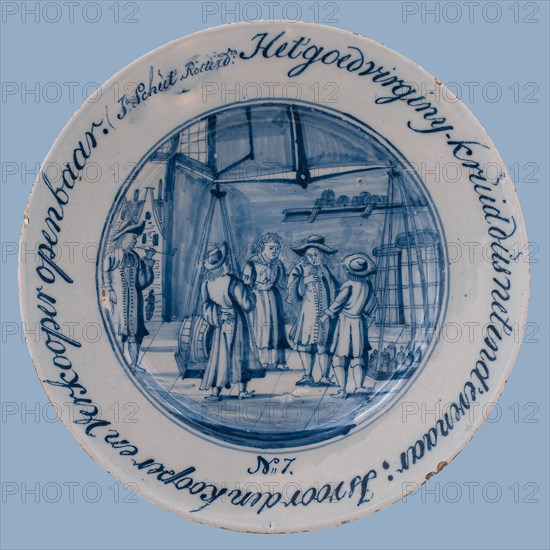 Jacob Schut, Delft blue plate with Het goed Virginy-herb so just in the equator, is for the Kooper and Verkooper public