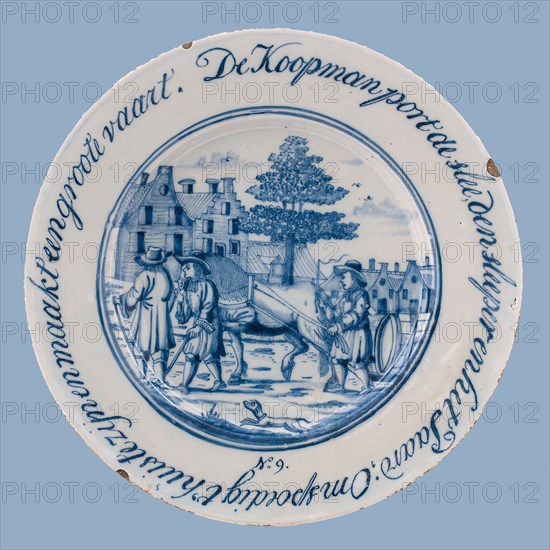Jacob Schut, Delft blue plate with De koopman port the sledge, the sleeper and the Horse; to be soon home and makes great speed