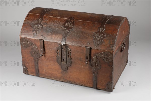 Oak box, coffin cupboard furniture furniture interior design metal oak wood iron, forged oak casket with curved lid. Assembled