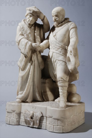 sculptor: Leo Paulus Johannes Stracké, Image Erasmus and Piet Hein reach out to each other, sculpture visual material marble