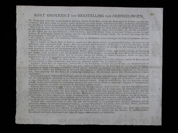 Sheet of paper SHORTLY UNDERRESTS DRINKS: printed with instruction for the treatment of drowning people, belonging to tobacco