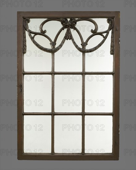Painted and carved wooden window with nine windows, the top three framed with garlands, window window wood paint, d 3.0