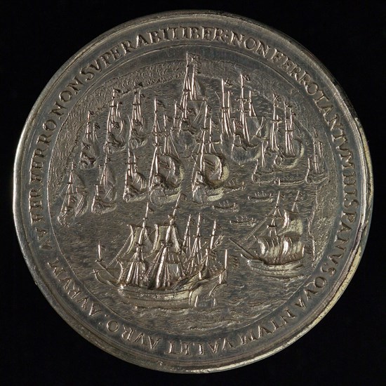 Medal with the silver fleet in the bay of Matanzas attacked by Dutch ships, penny footage silver, the Silver fleet in the bay