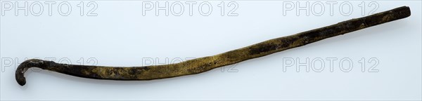 Strip brass, bent and provided with hook, artifact soil found brass copper metal, cast Strip brass Some curved shape at one end