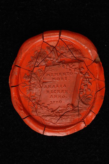Wax seal with MEMENTO MORI AMALIA RICKEN 1770, wax seal seal information form lacquer, Wax seal with truncated tree and plants