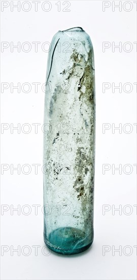 Fragment of soil, body and shoulders of storage bottle, bottle holder soil find glass, hand blown in mold blow Fragment