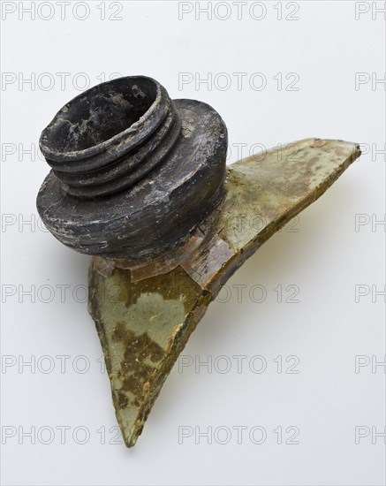 Fragment of part of shoulders, neck and mouth of stock bottle with tin screw closure, storage bottle bottle holder soil find