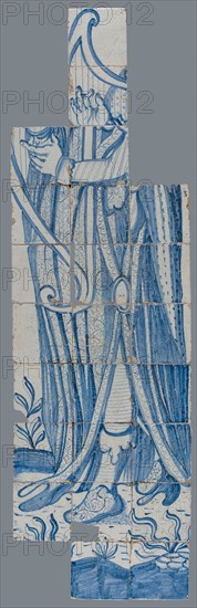 Tile panel in blue with harp player, David?, tile picture material ceramic earthenware glaze, in form made baked glazed painted