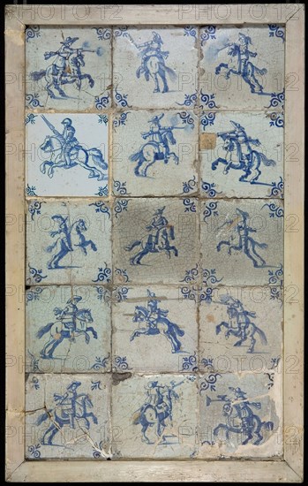 Tile field, fifteen blue tiles, horsemen, corner motif of ox's head, tile field wall tile tile sculpture ceramics pottery glaze
