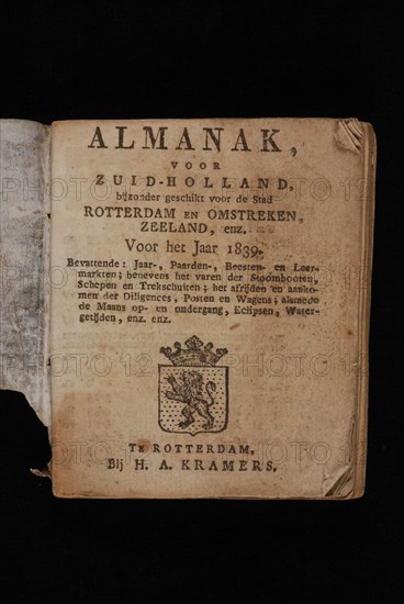 Kramers, H.A., Almanak, for South Holland, for the year 1839, almanac oud druk book information form paper parchment, printed