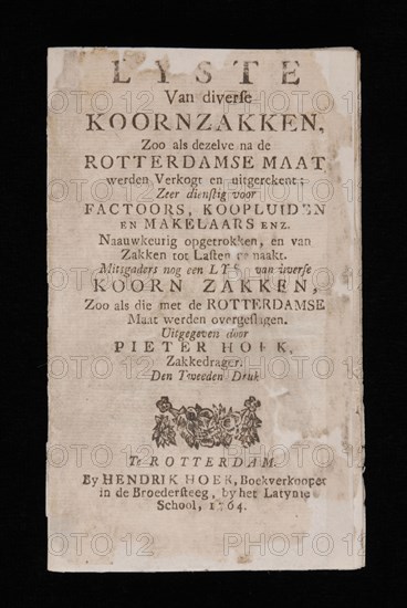 Hoek, Hendrik, CORNER, PIETER. List of various corn bags, old-print book information form paper, printed Lyste of various corn