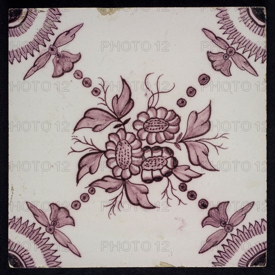 Ornament tile flowers, corner motif quarter rosette, wall tile tile sculpture ceramic earthenware glaze, baked 2x painted glazed