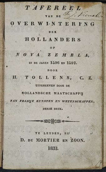 Mortier en zoon, D. du, TOLLENS C.Z., H. Scene of the wintering of the Dutch on Nova Zembla in the years 1596 and 1597, old